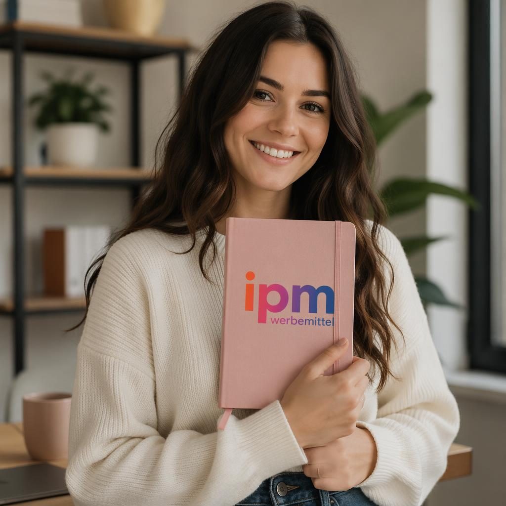 Fotorealistisches Dusty-Pink-Notizbuch mit großem ipm werbemittel Logo als Studio-Mockup in scharfem Fokus.