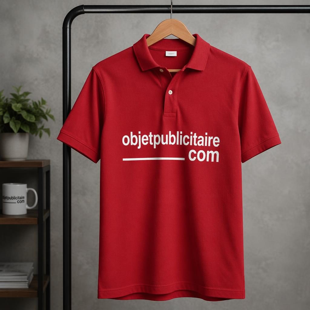 Polo rouge classique suspendu sur un portant, avec grand logo objetpublicitaire com en impression frontale.