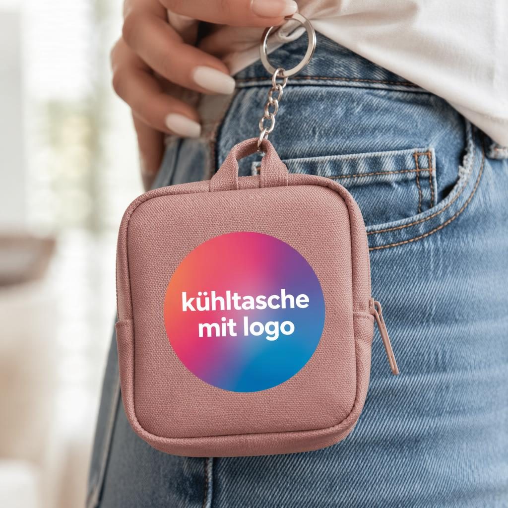 Dusty-pinkfarbener Schlüsselanhänger als realistisches Merch-Mockup, am Model getragen, mit großem Farbverlauf-Logo.