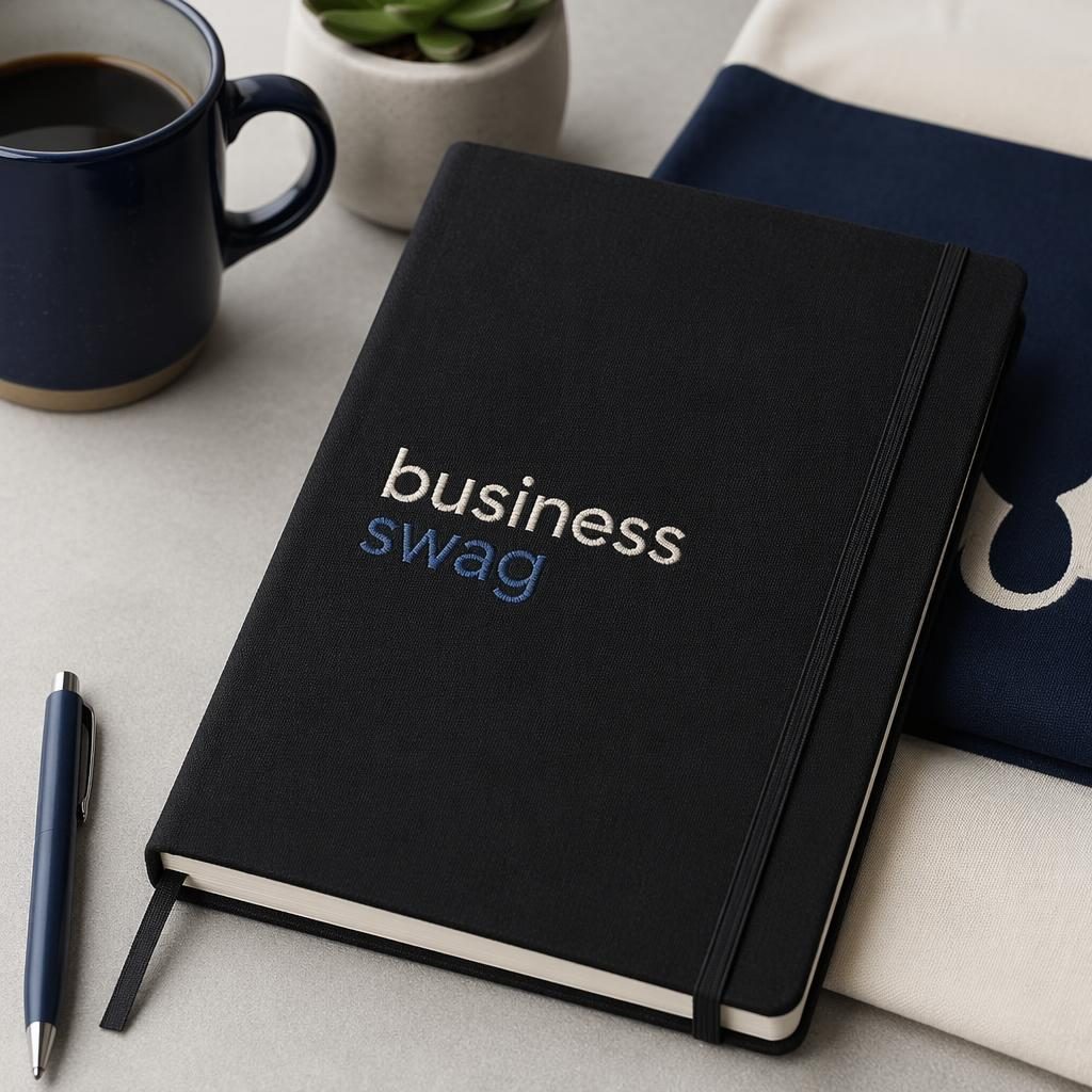 Black notebook mockup with generic business swag logo embroidery in navy and cream, shown in a folded stack studio shot.
