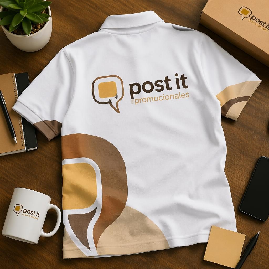 Polo blanco con logo envolvente post it promocionales en escena de escritorio cálida, estilo mockup fotográfico realista.