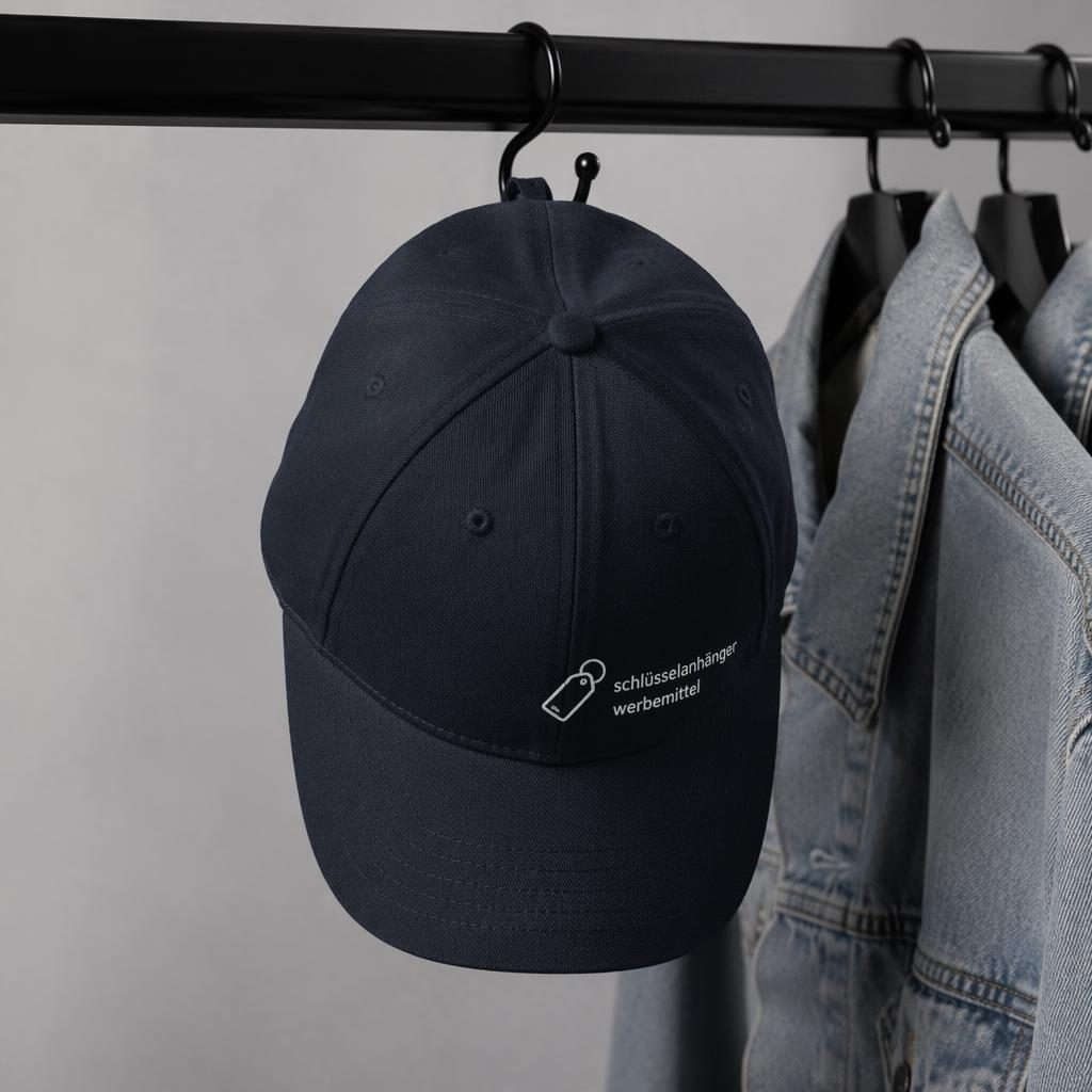 Fotorealistisches Navy-Cap-Mockup an einer Kleiderstange mit kleinem Logo links, Studioaufnahme mit scharfer Stoffstruktur