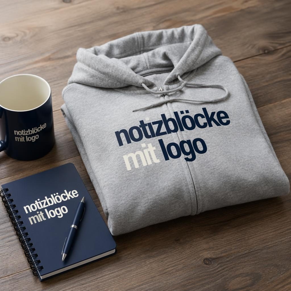 Gefalteter heathergrauer Zip-Hoodie im Studio mit großem Platzhalter-Logo in Navy und Creme auf der Vorderseite.