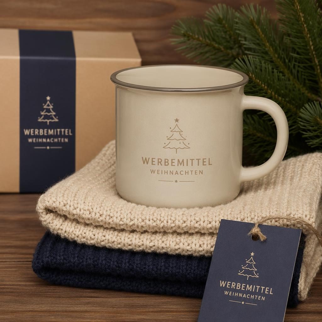 Beige Emaille-Tasse mit dezentem Ton-in-Ton-Logo, gestapelte Stoffelemente in Navy und Creme, Studioaufnahme