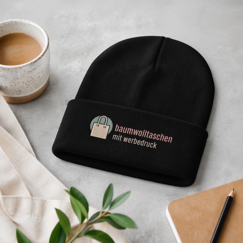 Schwarze Beanie als Studio-Flachlay mit gesticktem baumwolltaschen mit werbedruck Logo in sanften Pastelltönen