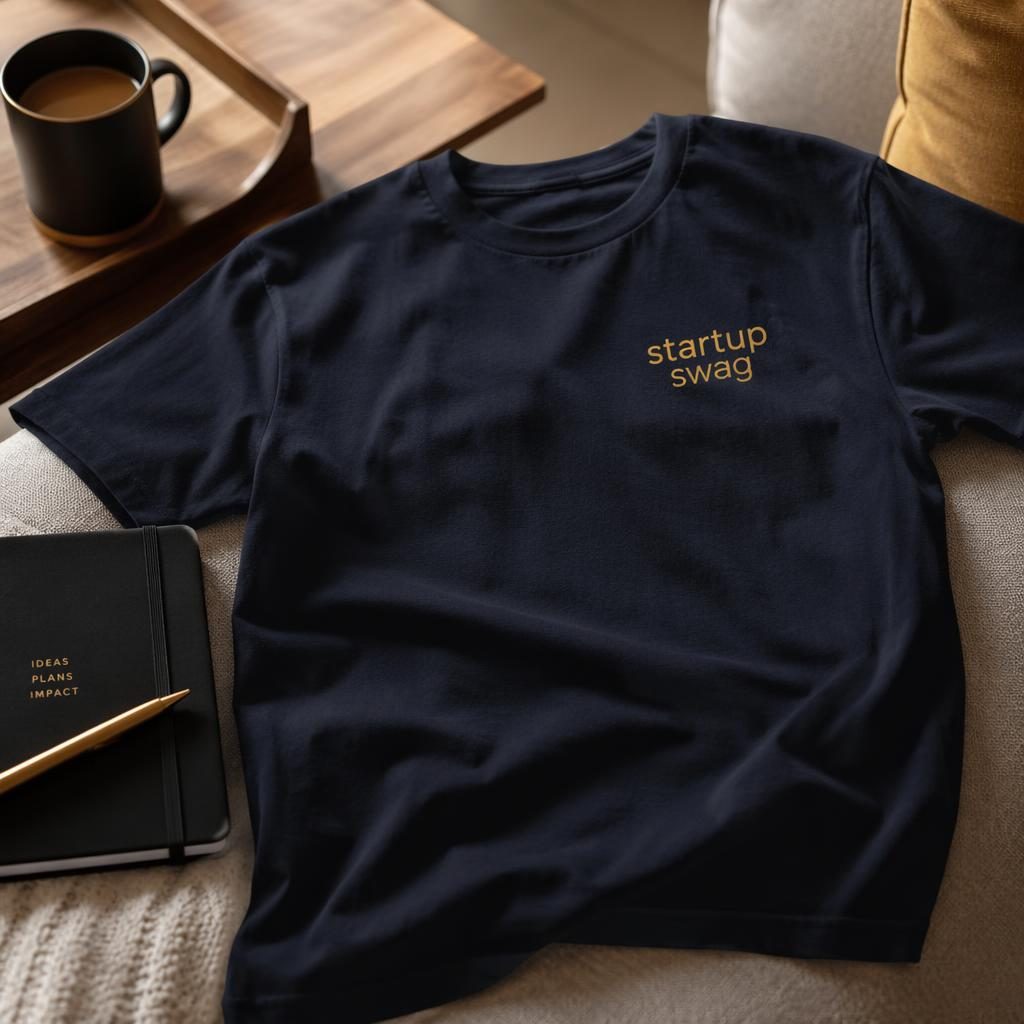 Navy t-shirt mockup with small startup swag logo on left chest in a cozy home setting with black and gold styling.