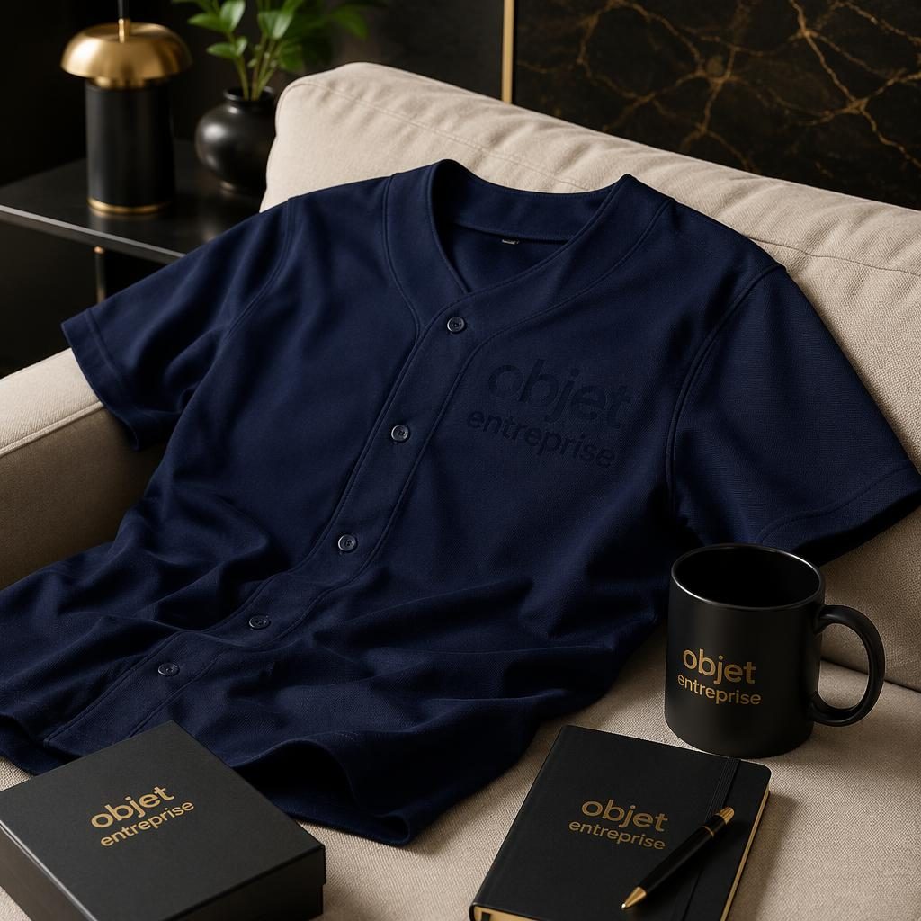 Jersey de baseball bleu marine en mockup photo réaliste, logo ton sur ton subtil, ambiance maison chic noir et or