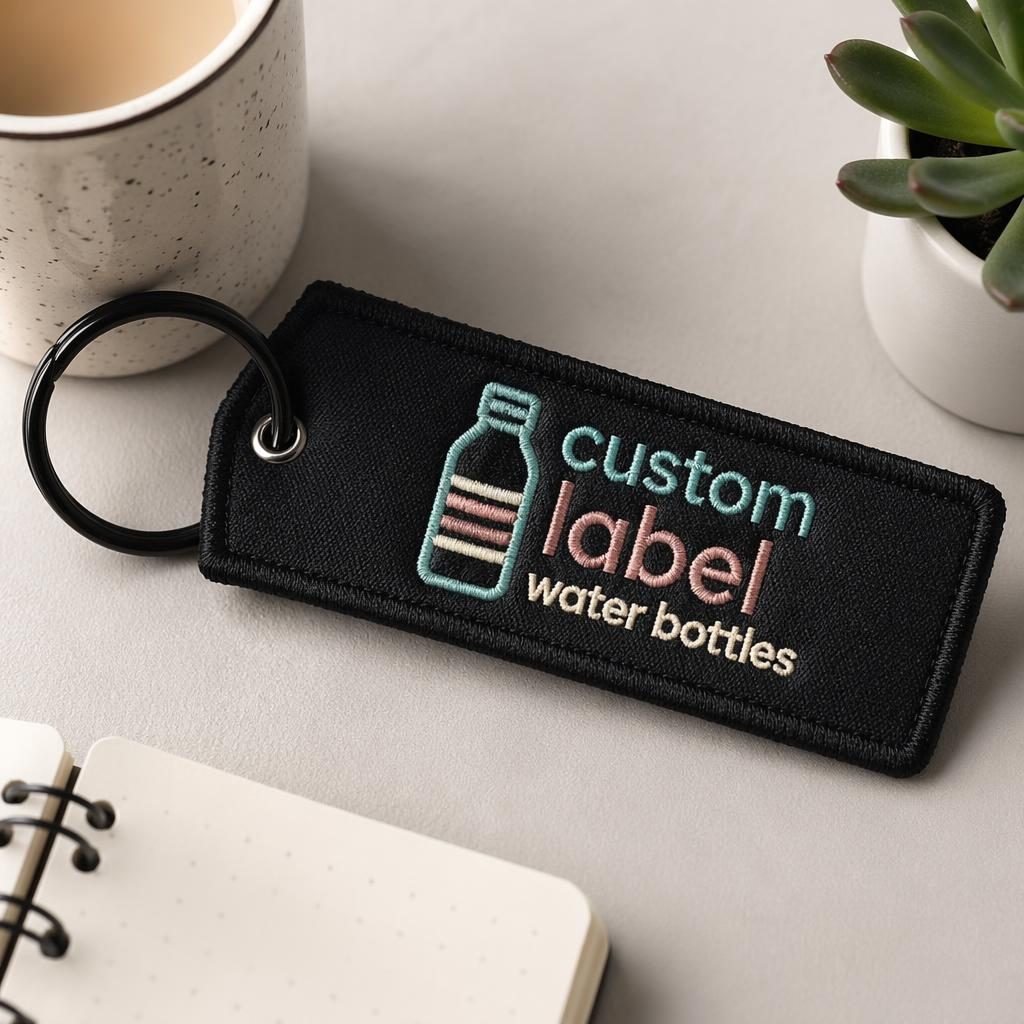 Studio flat lay of a black keychain mockup with custom label water bottles logo in soft pastel embroidery style.