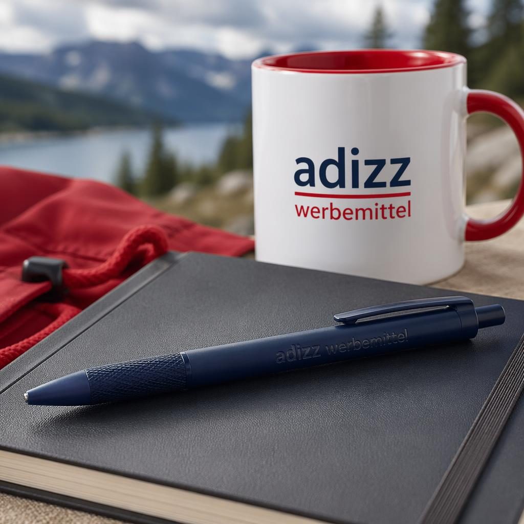 Fotorealistischer navy Kugelschreiber mit dezentem adizz werbemittel Logo in Outdoor-Lifestyle-Inszenierung.