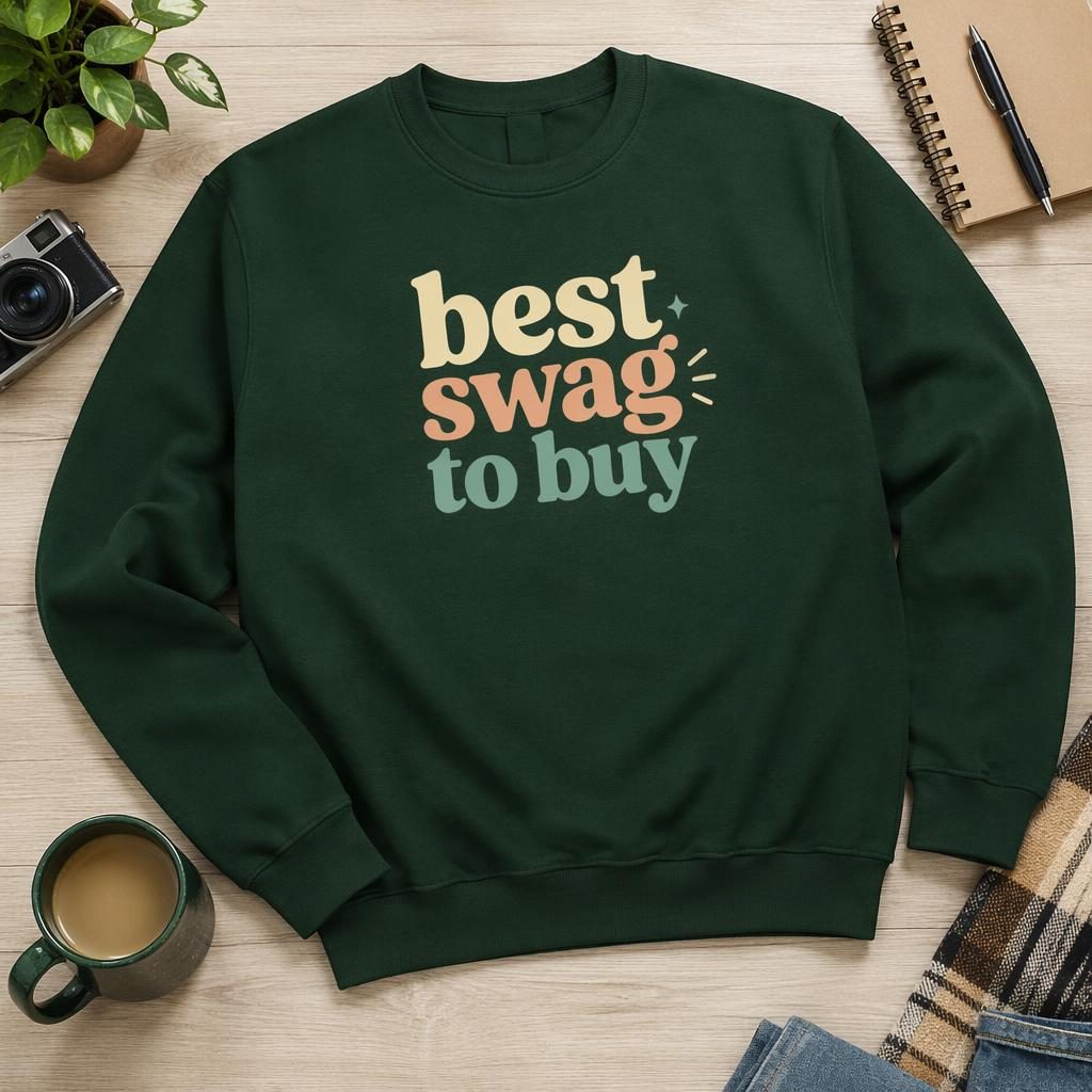 Studio flat lay mockup of a forest green sticker pack with centered best swag to buy logo and soft pastel branding.