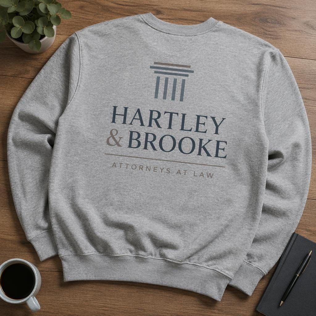 Studio flat lay of a heather gray sweatshirt with a full-back law firm swag logo in a soft pastel palette