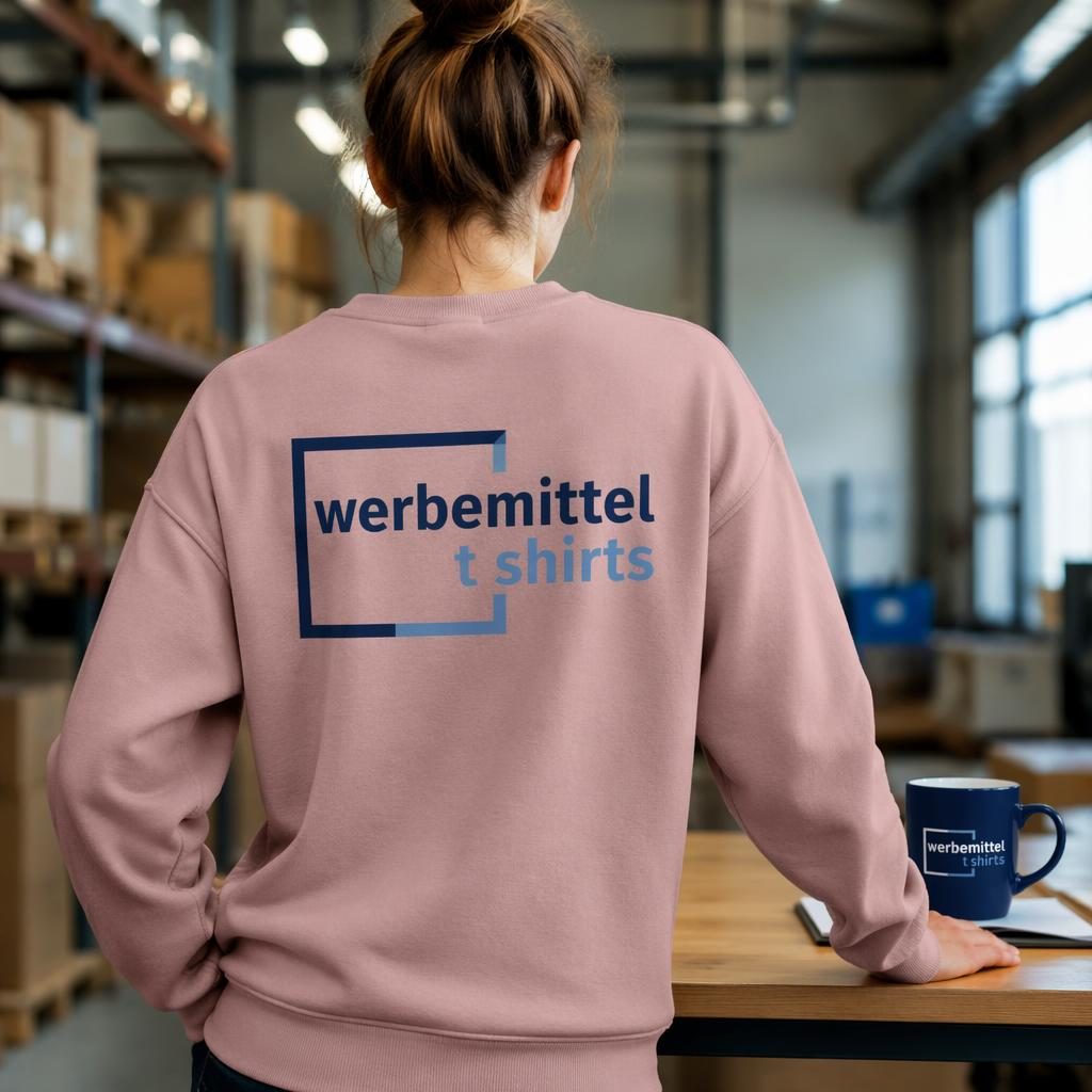 Staubrosa Sweatshirt als realistisches Produkt-Mockup mit werbemittel t shirts Rückenlogo in blauer Industrie-Umgebung
