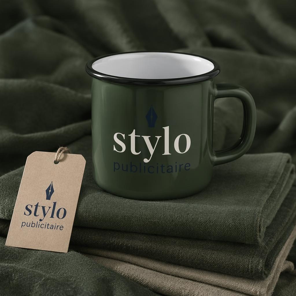 Mug émaillé vert forêt avec logo générique stylo publicitaire, photo studio nette sur texture textile naturelle