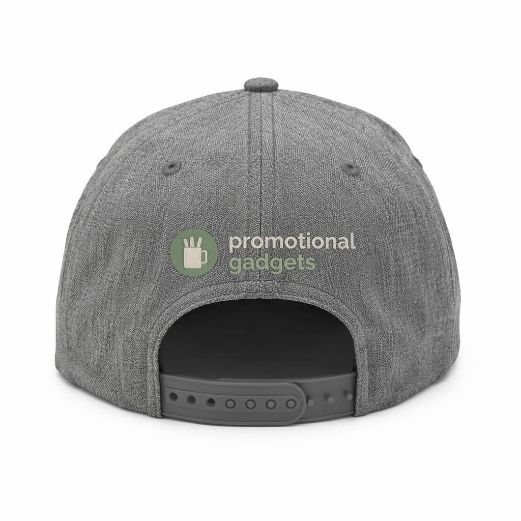 Heather gray cap mockup shown from the back on a white background with a sage and ivory promotional gadgets logo.