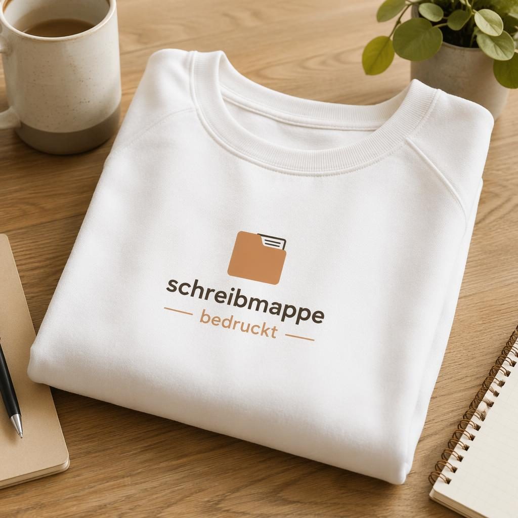 Weißes Sticker-Pack als Produkt-Mockup auf Schreibtisch in warmer Lifestyle-Szene mit mittigem schreibmappe bedruckt Logo.