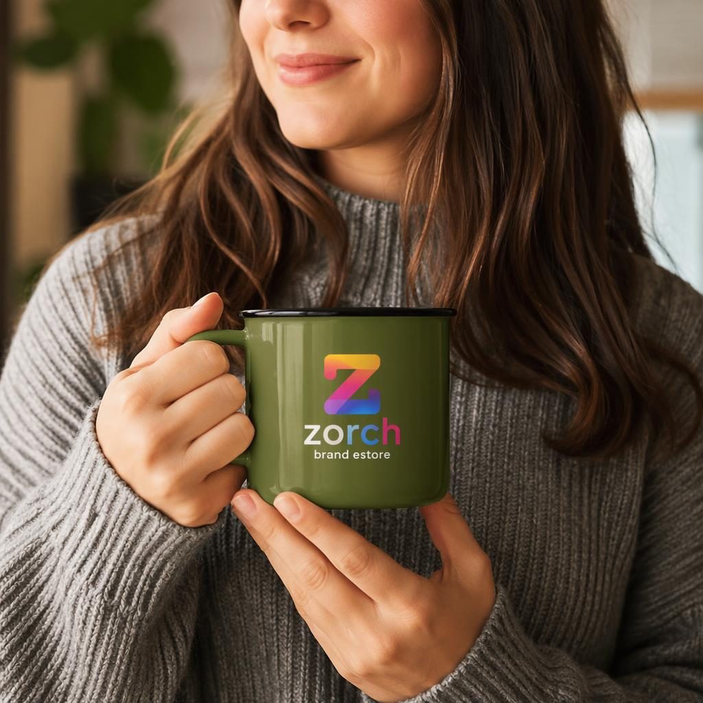 Photo-real mockup of an olive green enamel mug with zorch brand estore logo, shown on model in a studio setting.