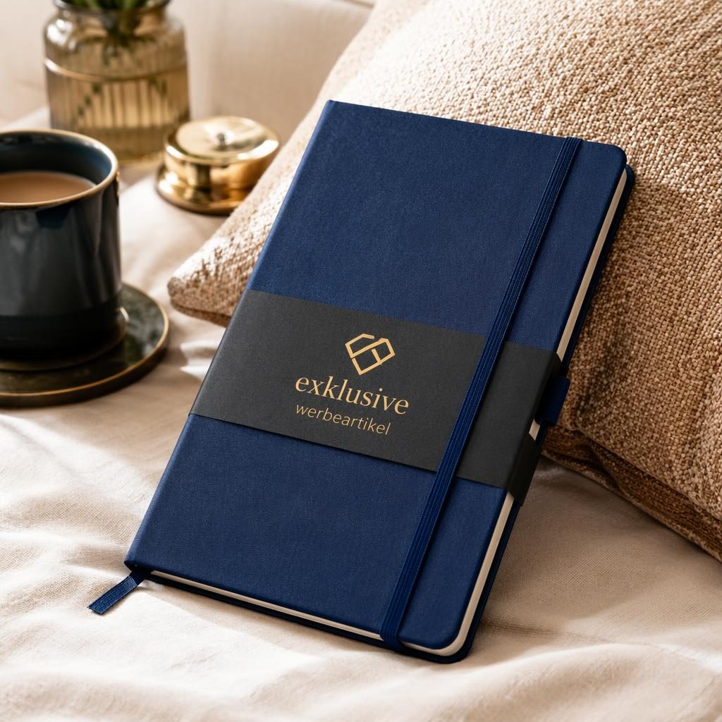 Fotorealistisches royalblaues Notebook mit exklusive werbeartikel Logo auf der Hülle, inszeniert im cozy Home-Stil.