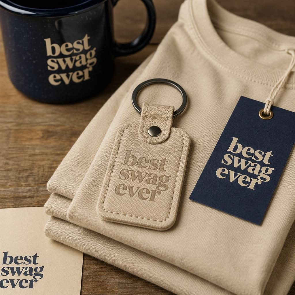 Photo-real beige sand keychain mockup with subtle tone-on-tone best swag ever logo in a folded stack studio shot.