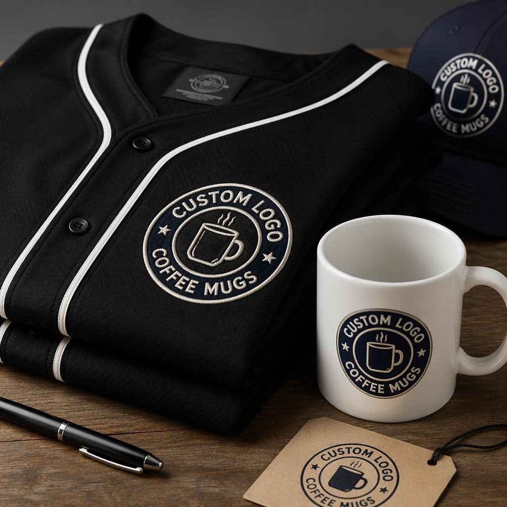 Folded black baseball jersey mockup with navy and cream embroidered custom logo coffee mugs placeholder design