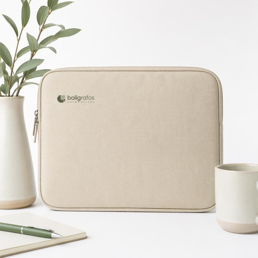 Funda para portátil en color arena sobre fondo blanco, con logo pequeño boligrafos corporativos en tono salvia e marfil.