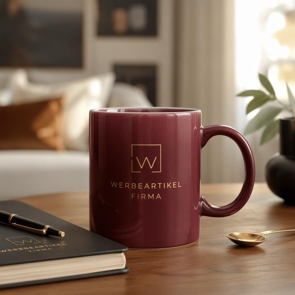 Fotorealistischer Mockup einer bordeauxfarbenen Keramiktasse mit werbeartikel firma Logo im cozy Home-Setting