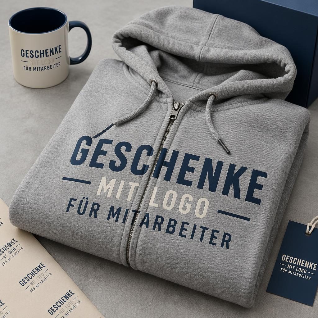 Fotorealistisches Mockup eines gefalteten grauen Zip-Hoodies mit großem Logo-Print in Navy und Creme im Studio