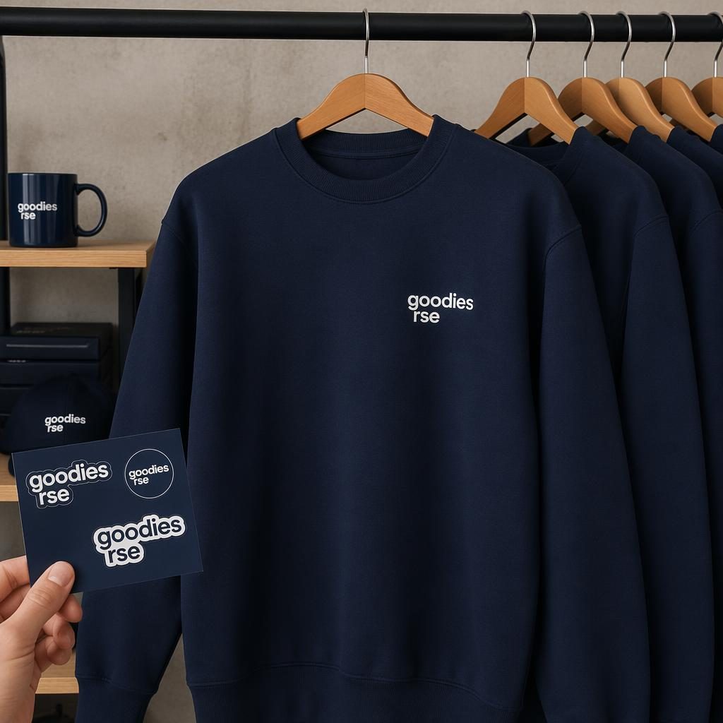 Mockup photo d’un vêtement marine suspendu sur portant avec petit logo goodies rse à gauche de la poitrine.