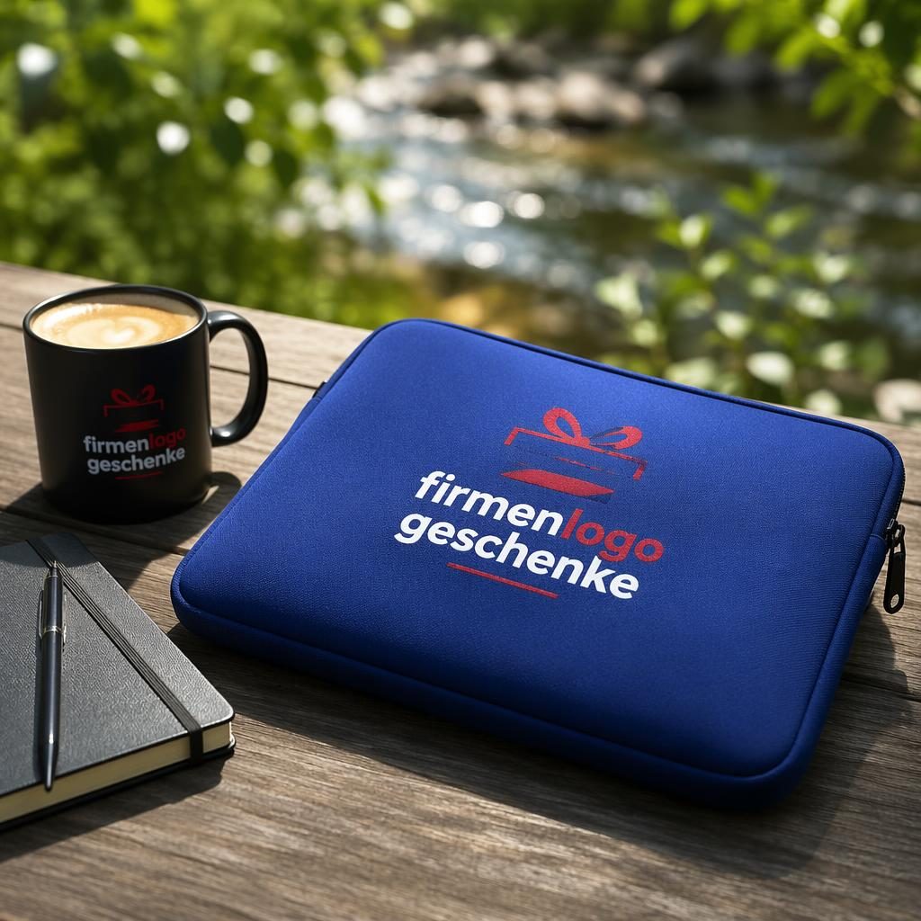 Fotorealistisches royalblaues Laptop-Sleeve mit rotem und weißem firmenlogo geschenke Logo im Outdoor-Lifestyle-Setup
