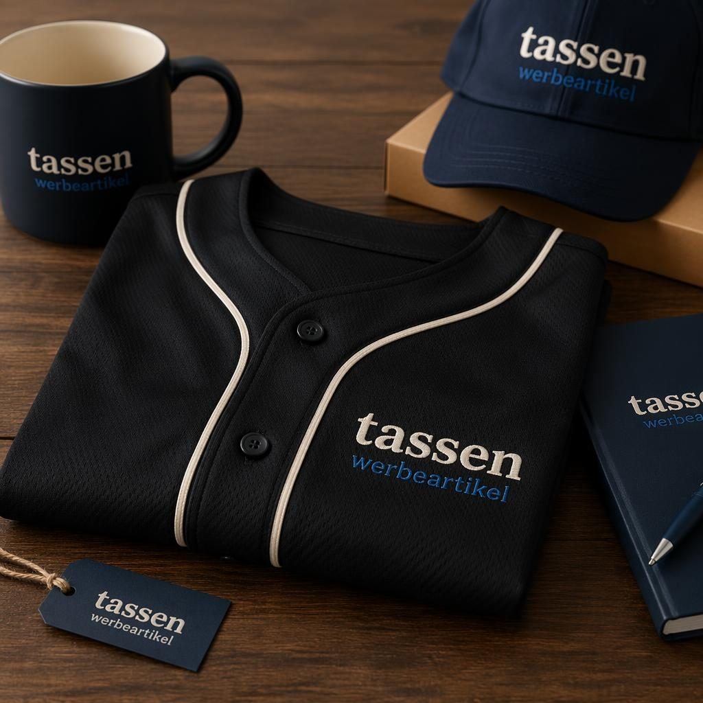 Gefaltetes schwarzes Baseball-Jersey mit tassen werbeartikel Logo in Creme und Navy, fotorealistischer Studio-Mockup