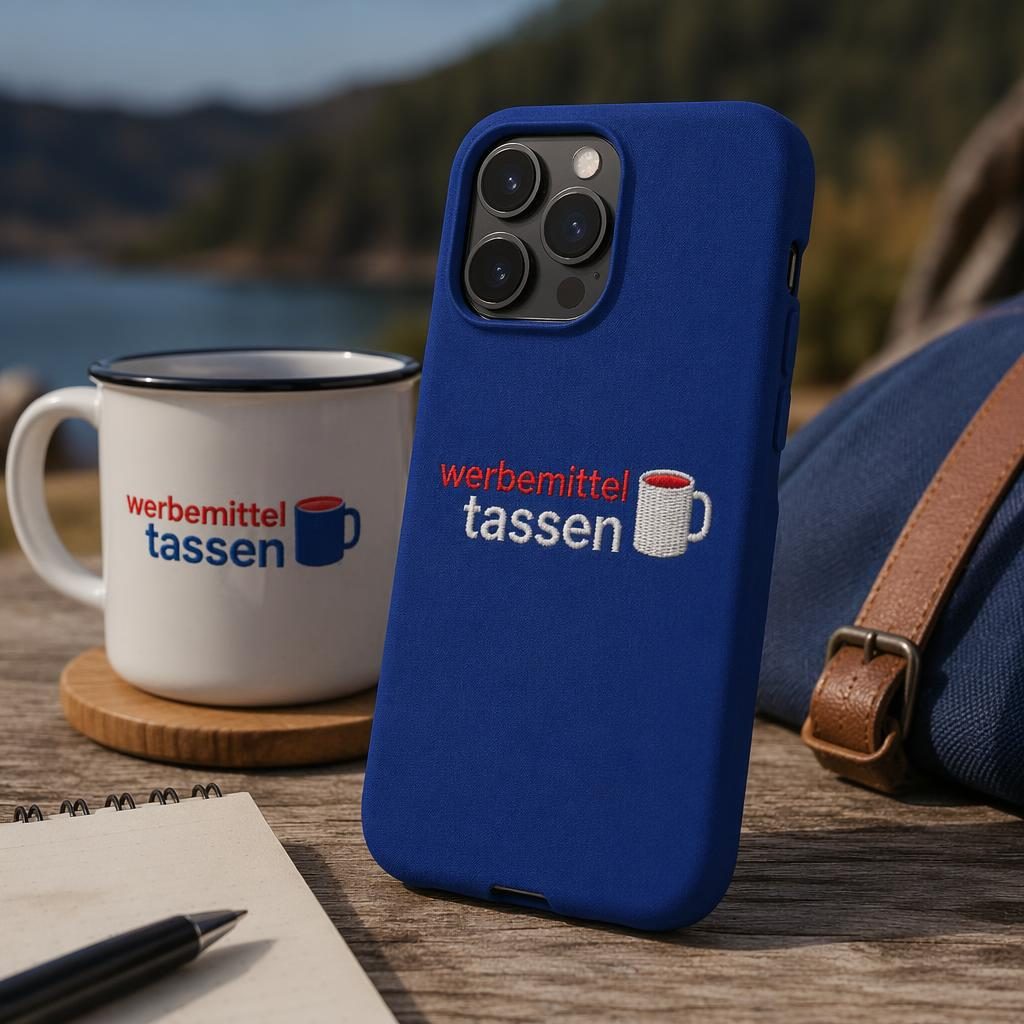 Fotorealistisches Mockup einer royalblauen Handyhülle mit werbemittel tassen Logo im Outdoor-Lifestyle-Stil