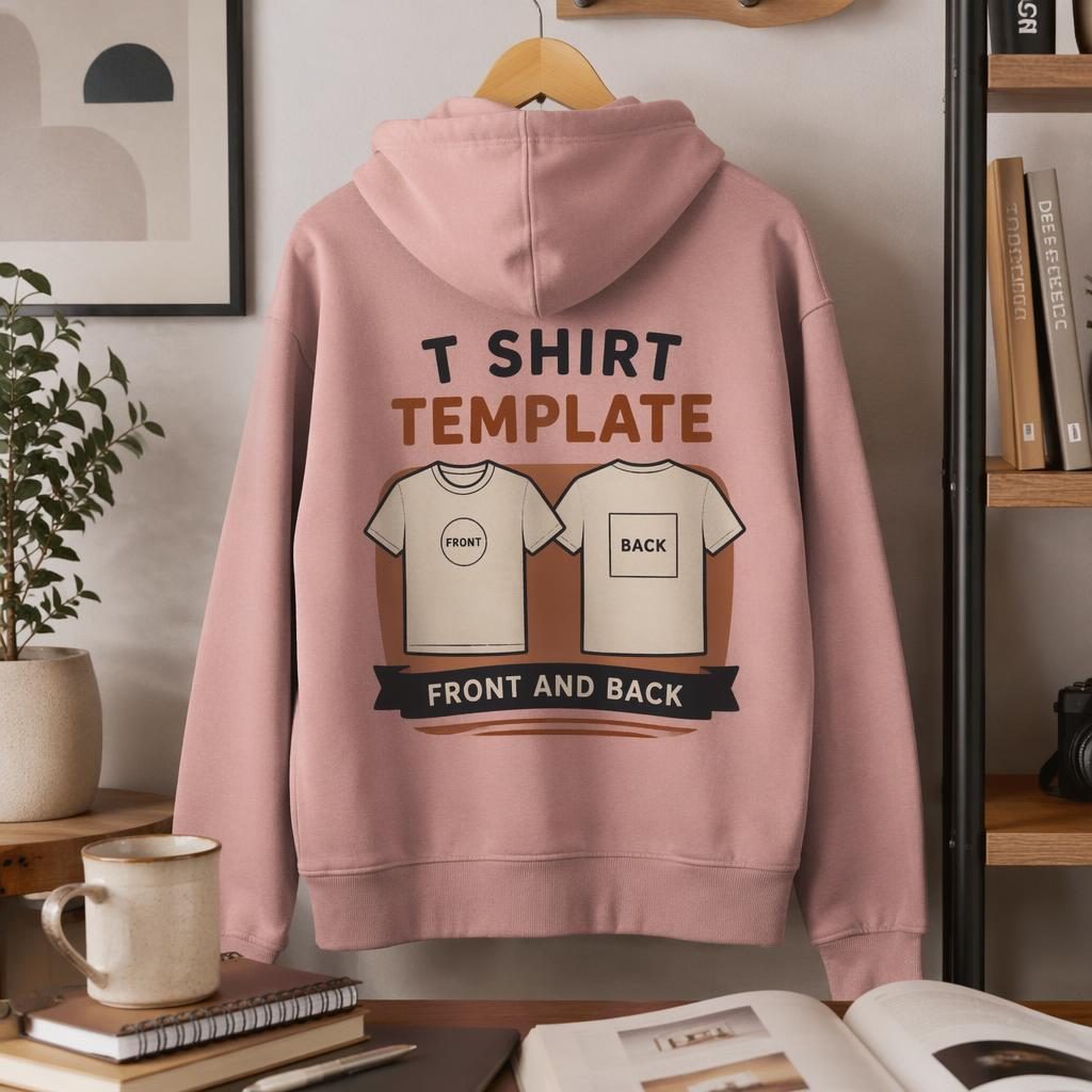 Dusty pink hoodie mockup in a desk lifestyle scene, shown with full-back placeholder print and warm earth-toned props