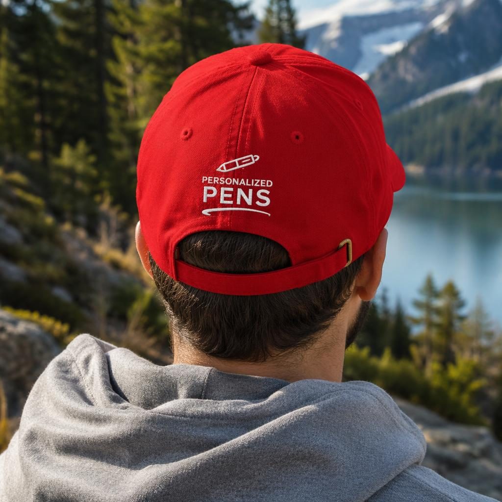 Photoreal red cap mockup outdoors with a white personalized pens logo printed across the back in sharp focus.