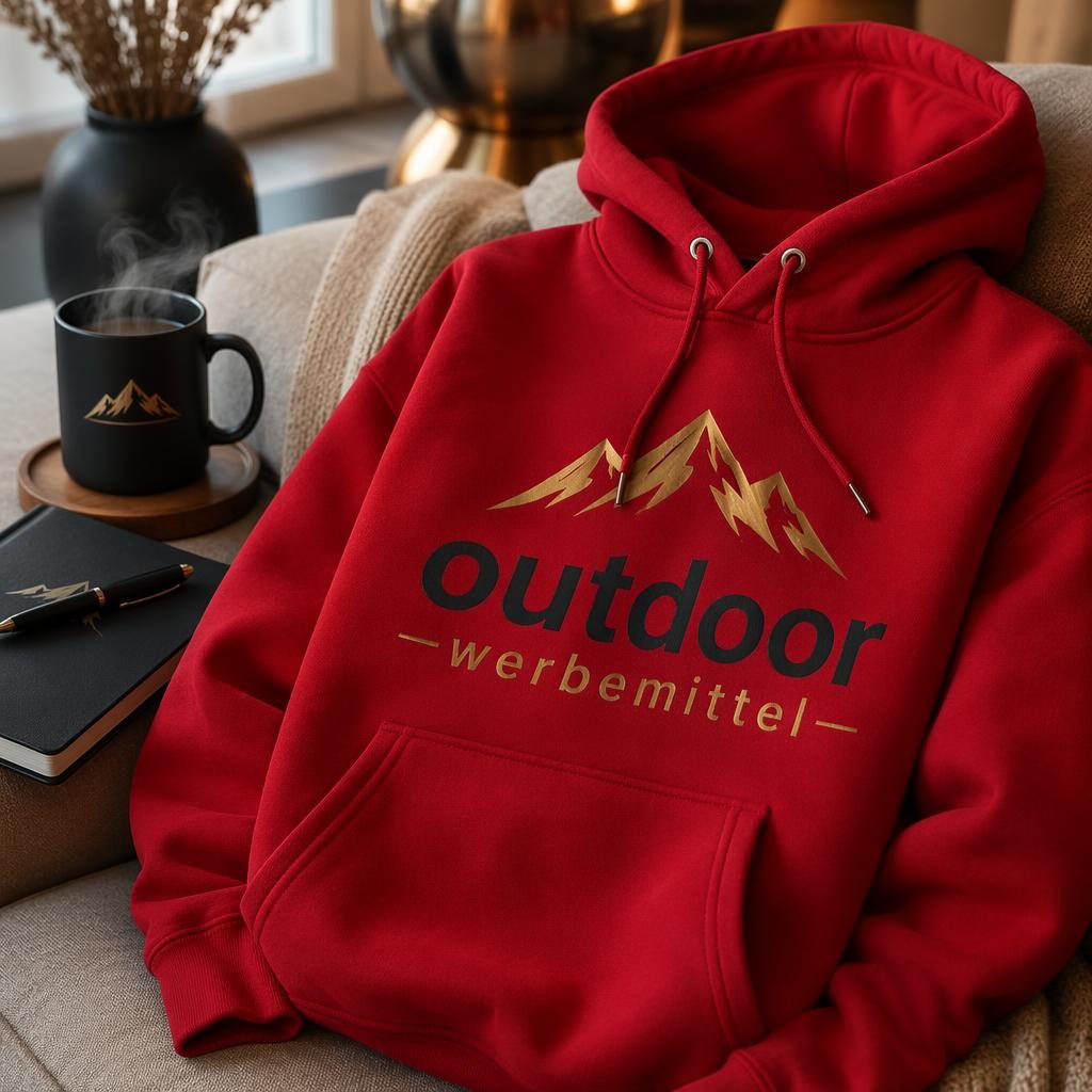 Fotorealistisches Mockup eines roten Hoodies mit großem outdoor werbemittel Logo in Schwarz und Gold im cozy Home-Setting.