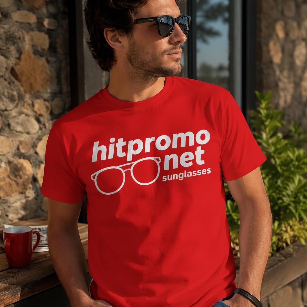 Photo-real classic red t-shirt mockup outdoors with large white hero logo print for hitpromo net sunglasses