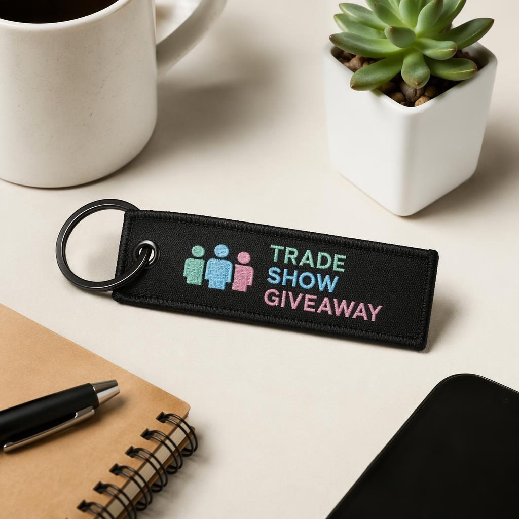 Studio flat lay mockup of a black keychain with generic trade show giveaway logo in a soft pastel palette.