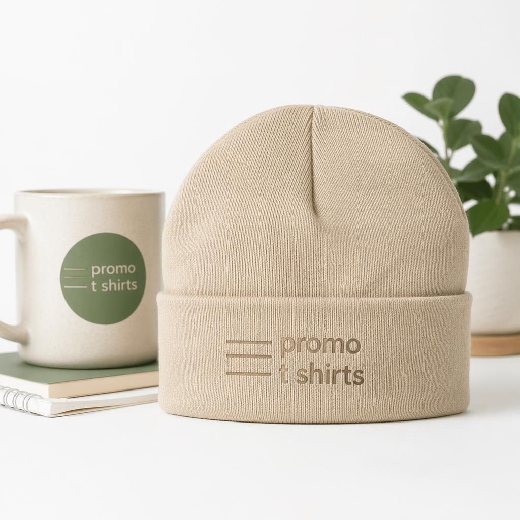 Beige sand beanie mockup with subtle tone-on-tone promo t shirts logo on a minimalist white background.