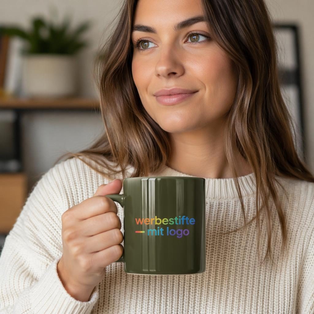 Olivgrüne Keramiktasse mit generischem werbestifte mit logo Motiv, fotorealistischer Studio-Mockup in scharfem Fokus.