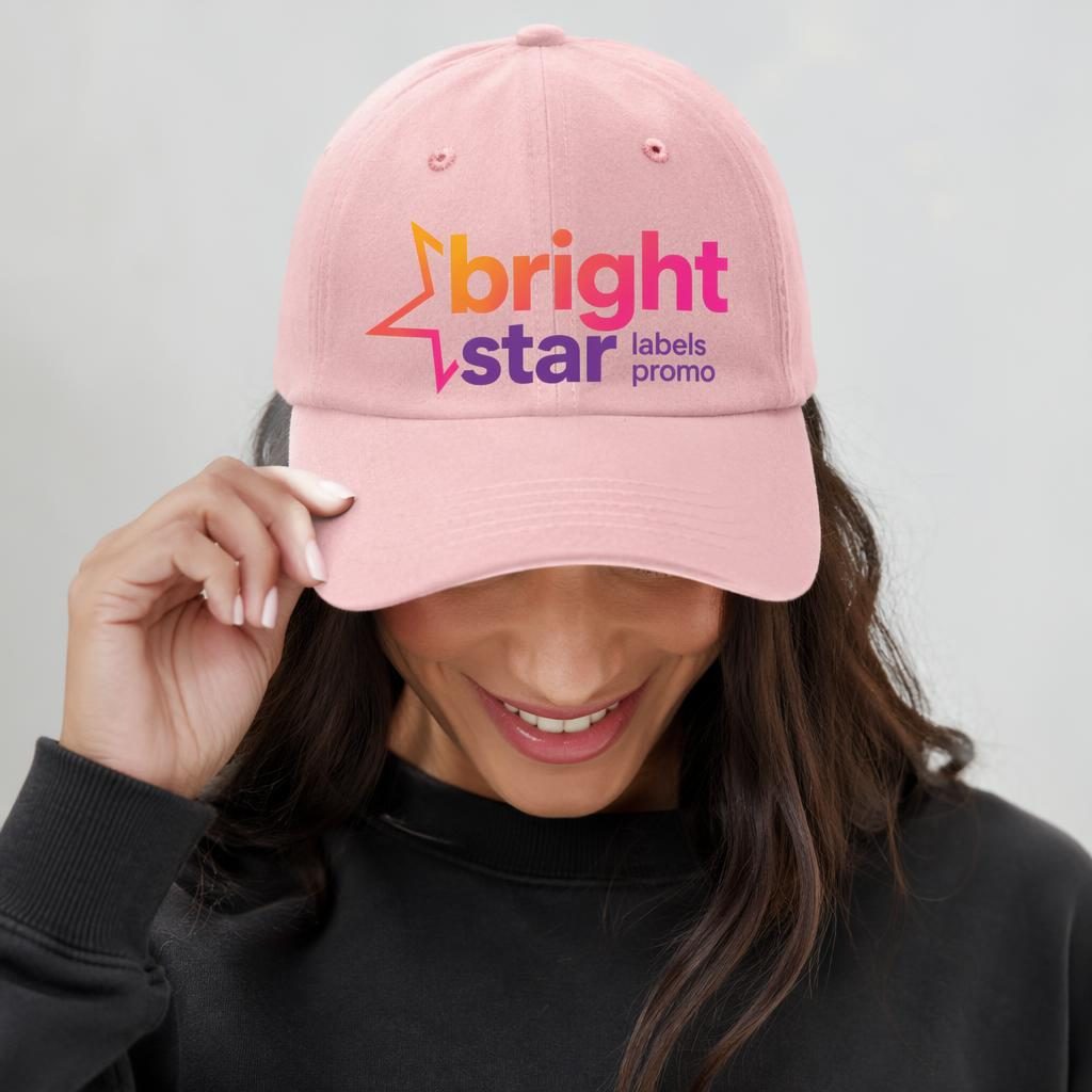 Model wearing a dusty pink cap with a large bright star labels promo logo in a vibrant gradient print.