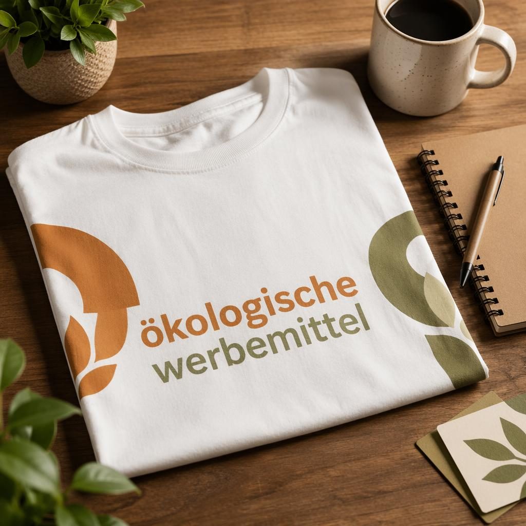 Weißes T-Shirt mit ökologische werbemittel Logo in einer warmen Desk-Lifestyle-Szene, fotorealistisches Merch-Mockup