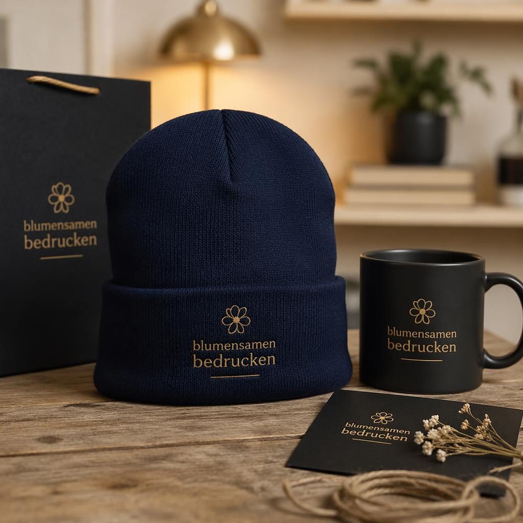 Fotorealistisches Navy-Beanie-Mockup im Cozy-Home-Stil mit kleinem Logo links, Schwarz-Gold-Look und sichtbarer Stoffstruktur