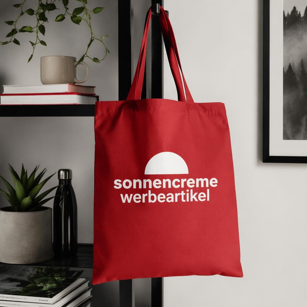 Rote Tote Bag mit großem sonnencreme werbeartikel Logo, hängend an einer Stange im cleanen Studio-Setup.