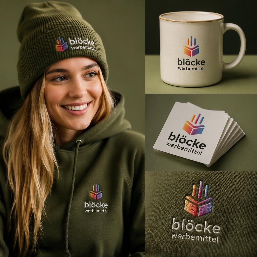 Olivgrünes Sticker-Pack mit blöcke werbemittel Logo als gestickter Look, am Modell getragen im Studio