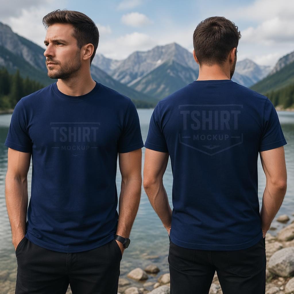 Photo-real navy t-shirt mockup shown front and back outdoors with subtle tone-on-tone placeholder logo