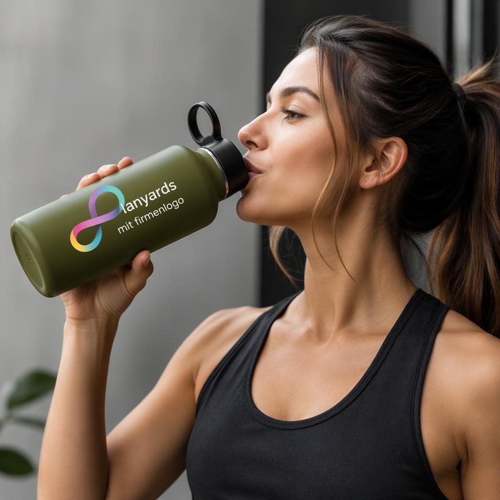 Olivgrüne Trinkflasche am Model getragen, mit buntem Logo auf der Hülle, freigestellt im Studio