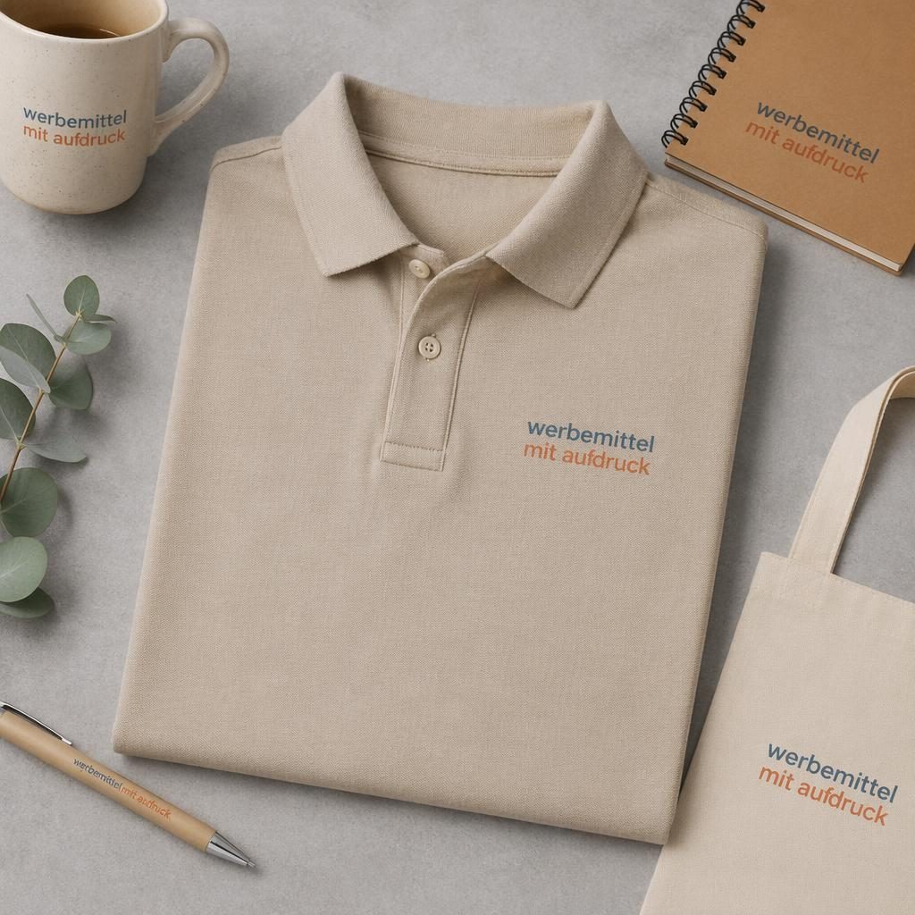 Fotorealistischer beiger Kugelschreiber im Studio-Flatlay mit kleinem Logo in Pastellfarben und scharfen Details
