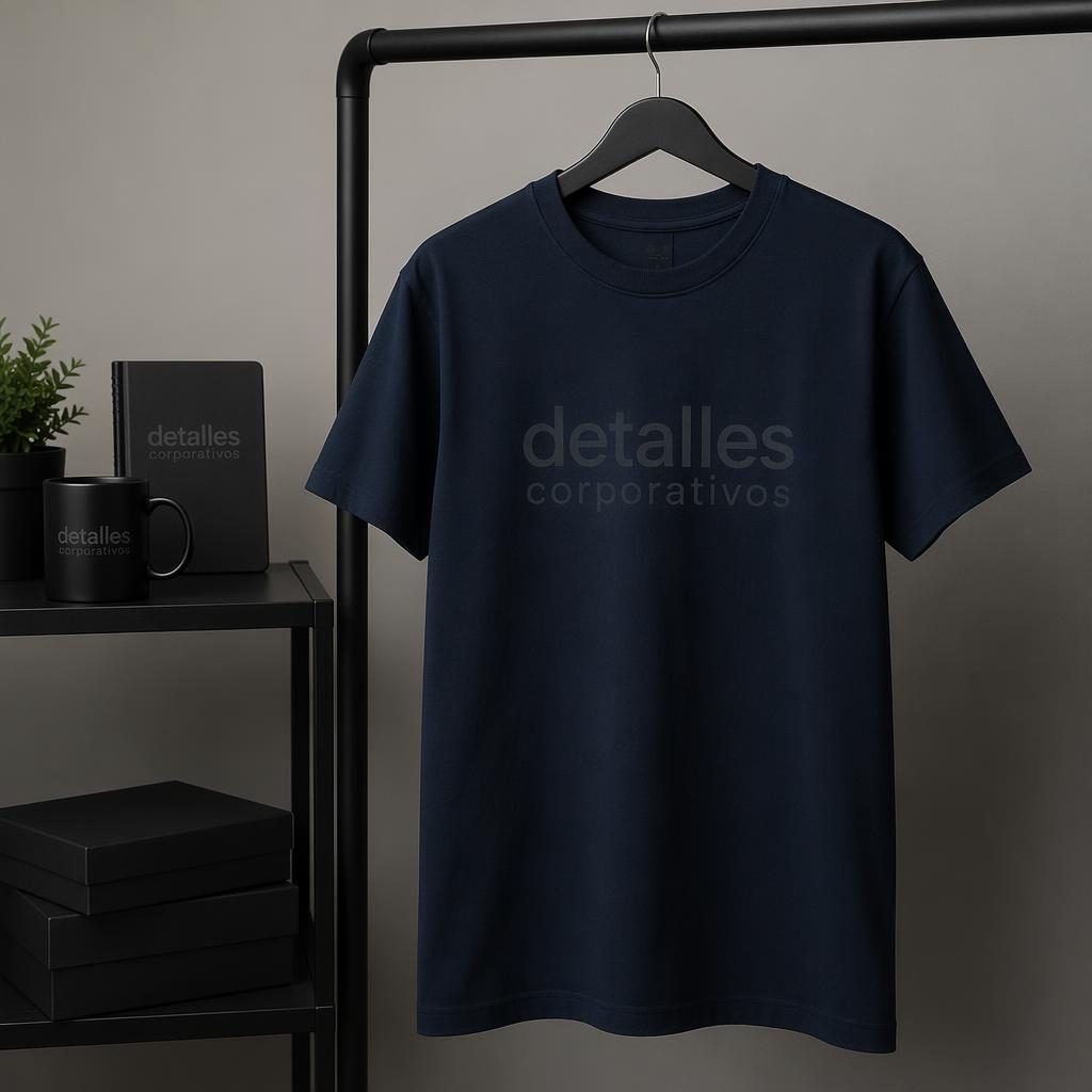 Camiseta azul marino colgada en perchero con logo sutil tono sobre tono de detalles corporativos en estudio