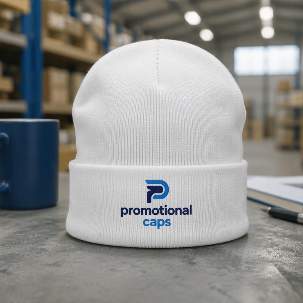White beanie product mockup in an industrial warehouse setting with a centered blue promotional caps logo.