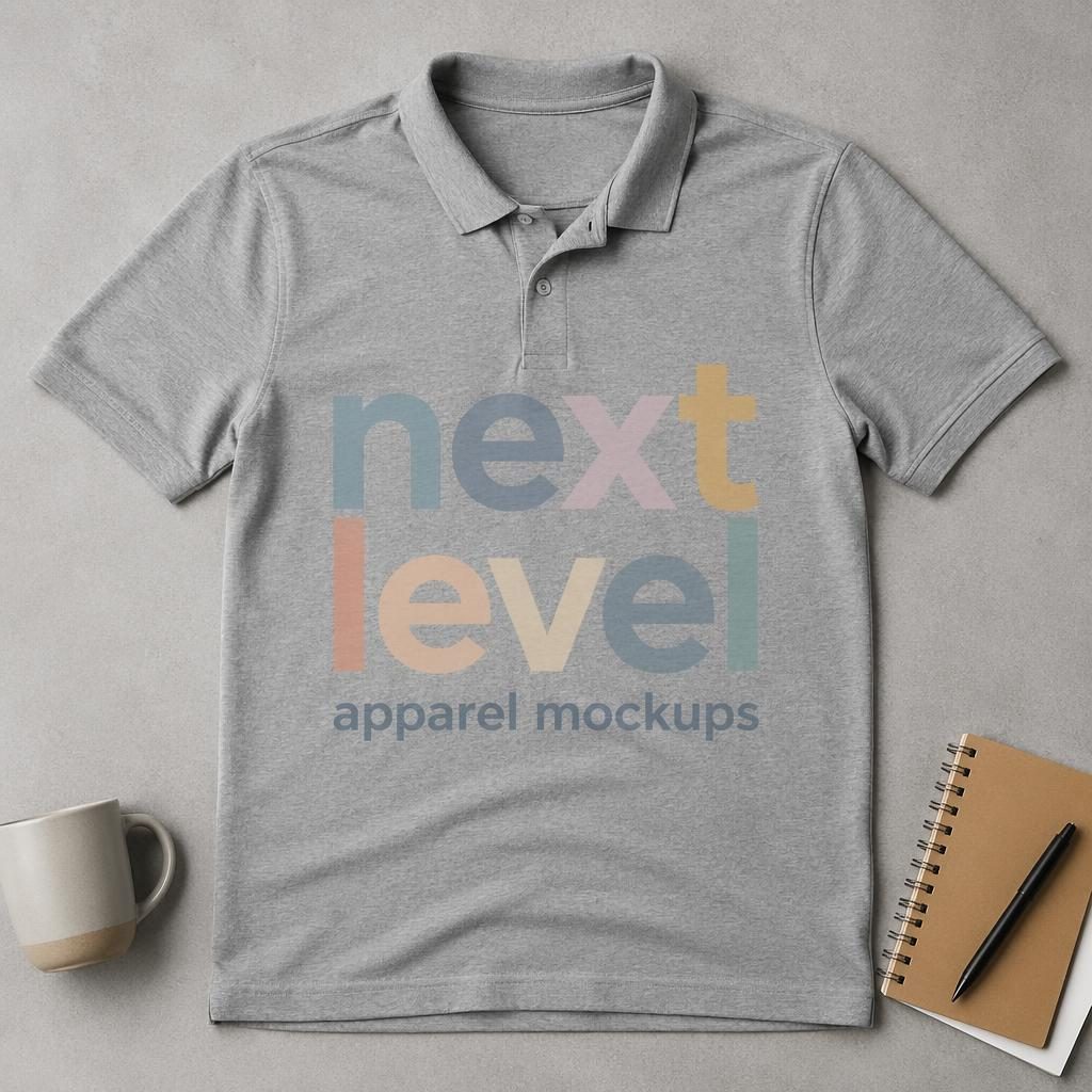 Studio flat lay mockup of a heather gray polo shirt with large placeholder logo print in a soft pastel palette