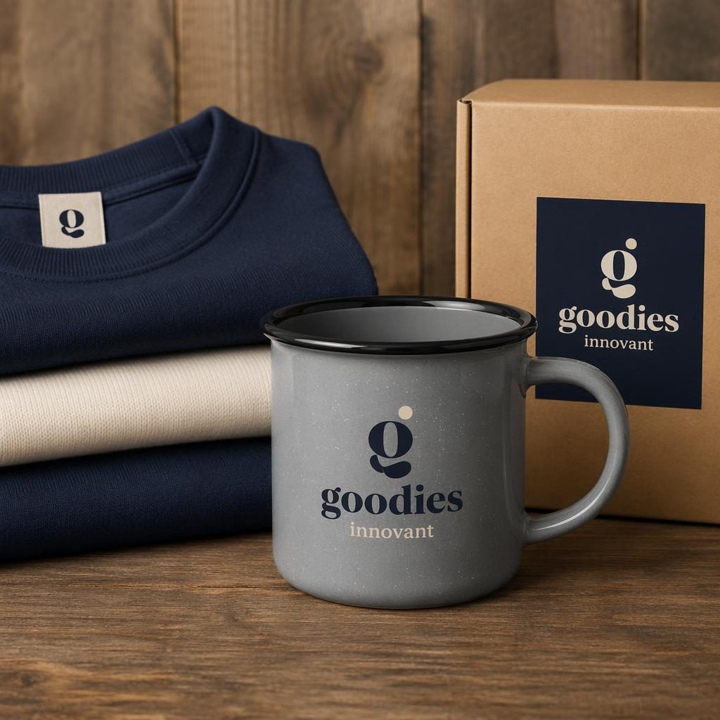 Mug émaillé gris chiné avec logo goodies innovant au dos, style mockup studio net, palette bleu marine et crème.