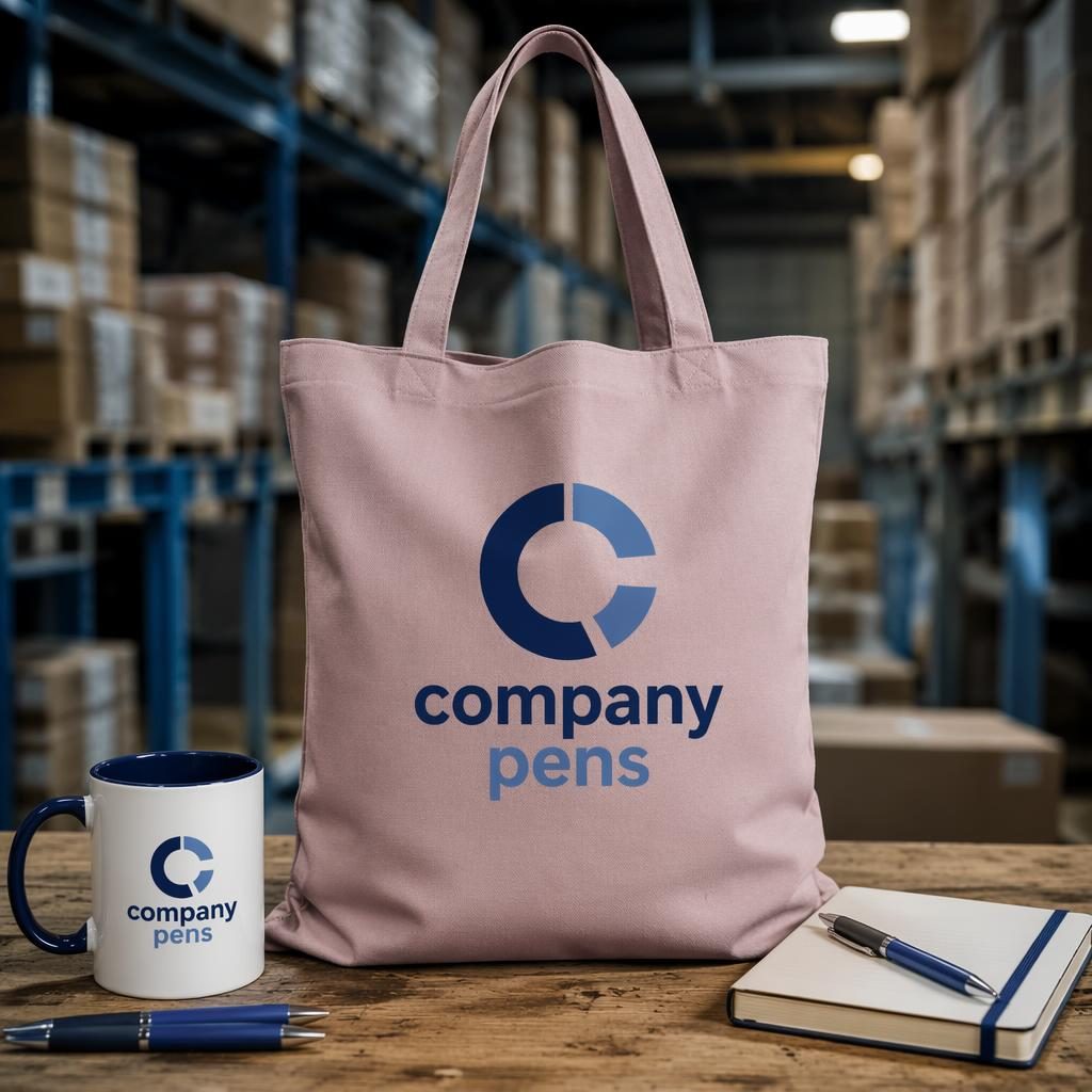 Photo-real dusty pink tote bag mockup with large company pens logo in a warehouse-style industrial studio setting